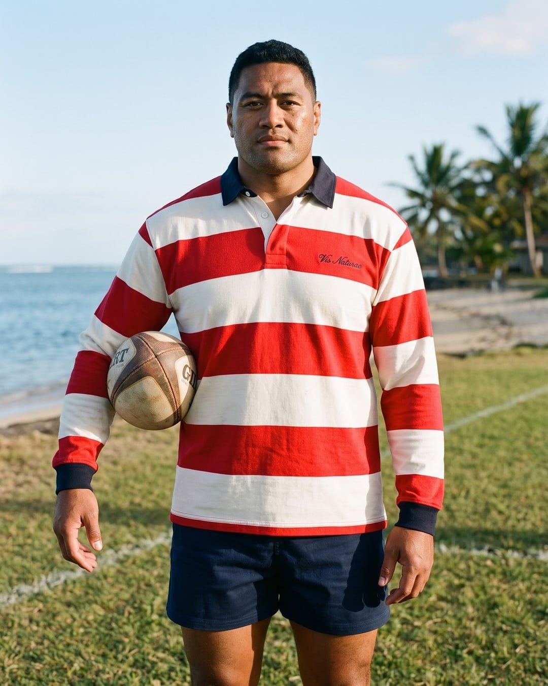A rugby player on an empty pitch by the sea in a red and white striped rugby shirt