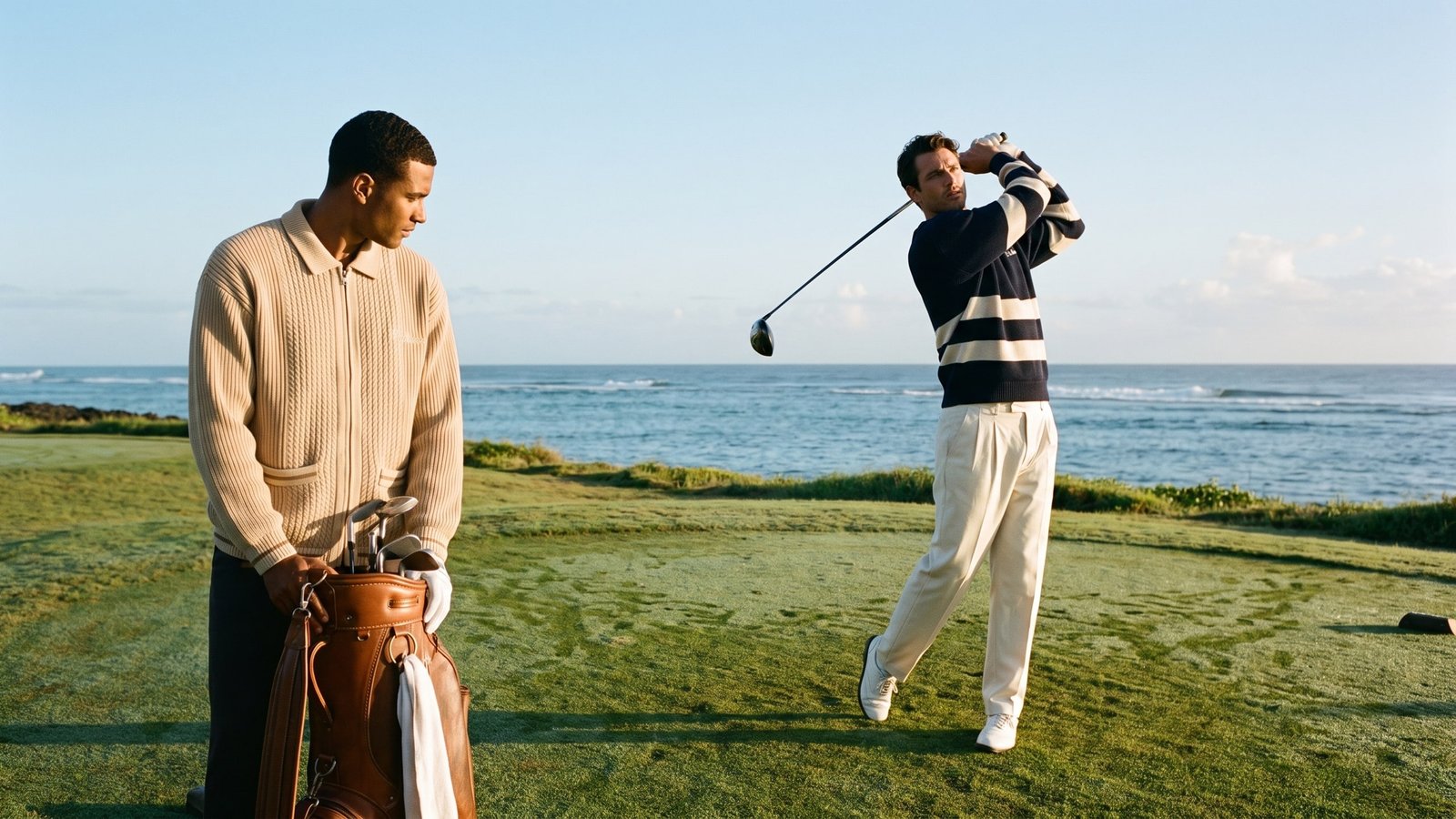 Two golfers in Vis Naturæ knitwear on a seaside fairway at golden hour