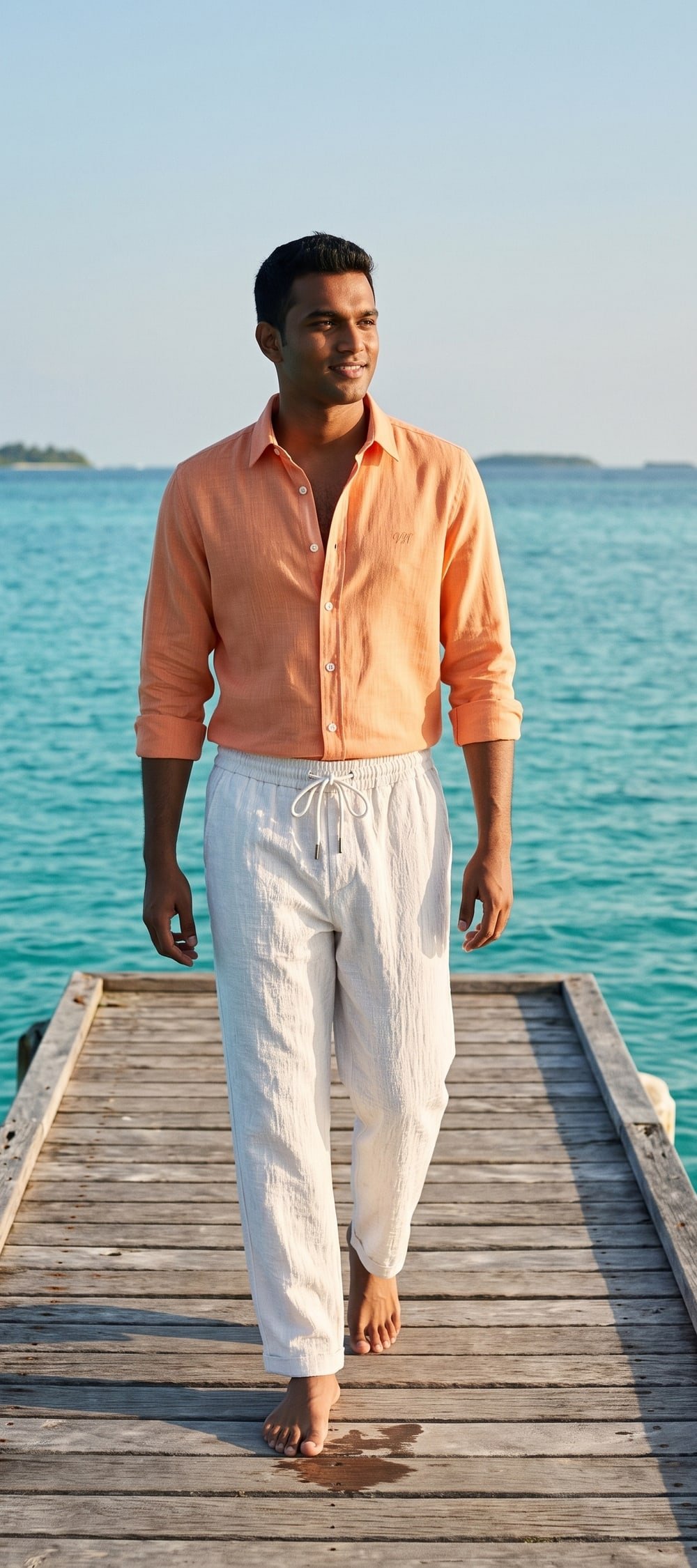 A man on a wooden jetty in the clementine Riviera Linen Shirt and white Veranda Linen Trousers