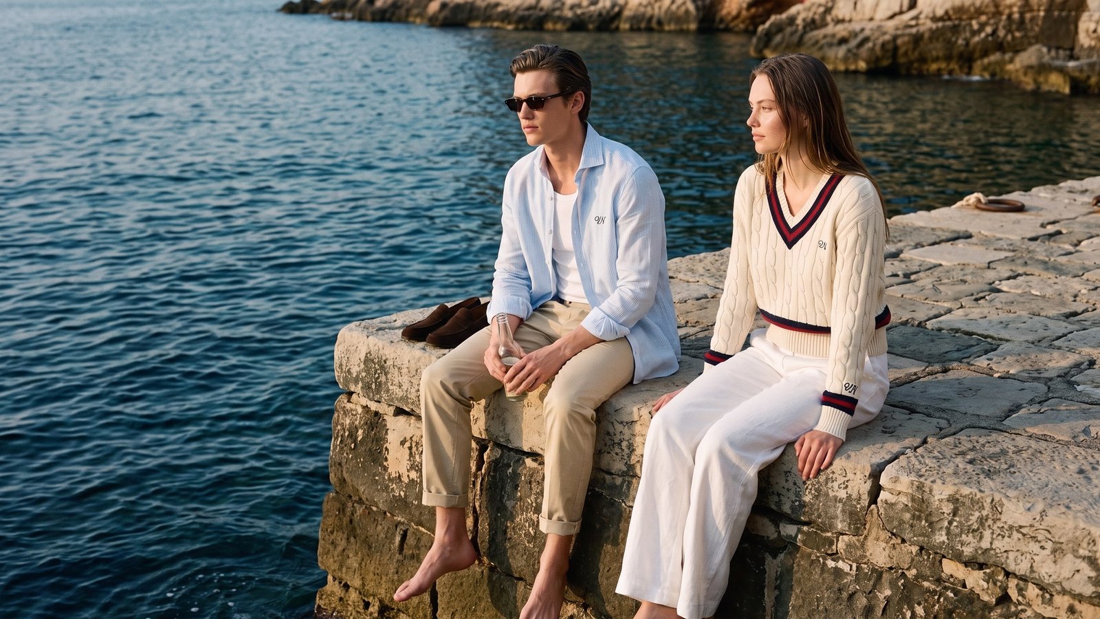 Two friends on an old stone sea wall at golden hour, one in an open linen shirt and chinos, the other in a cricket jumper and white linen trousers