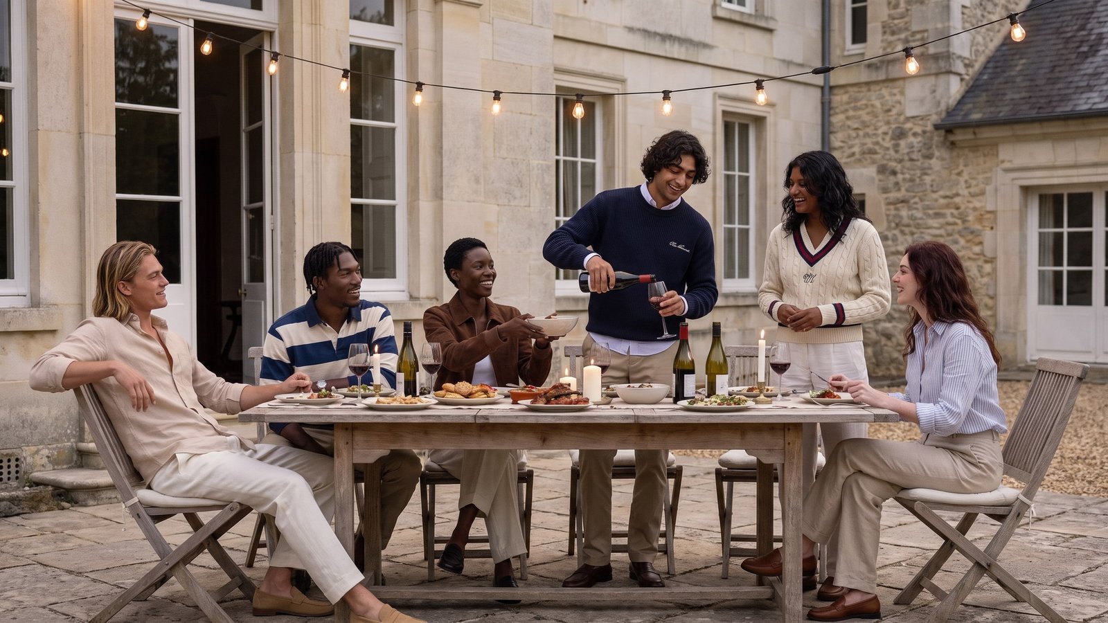 Friends at a long candlelit table in the courtyard of an old stone house at dusk, wine being poured