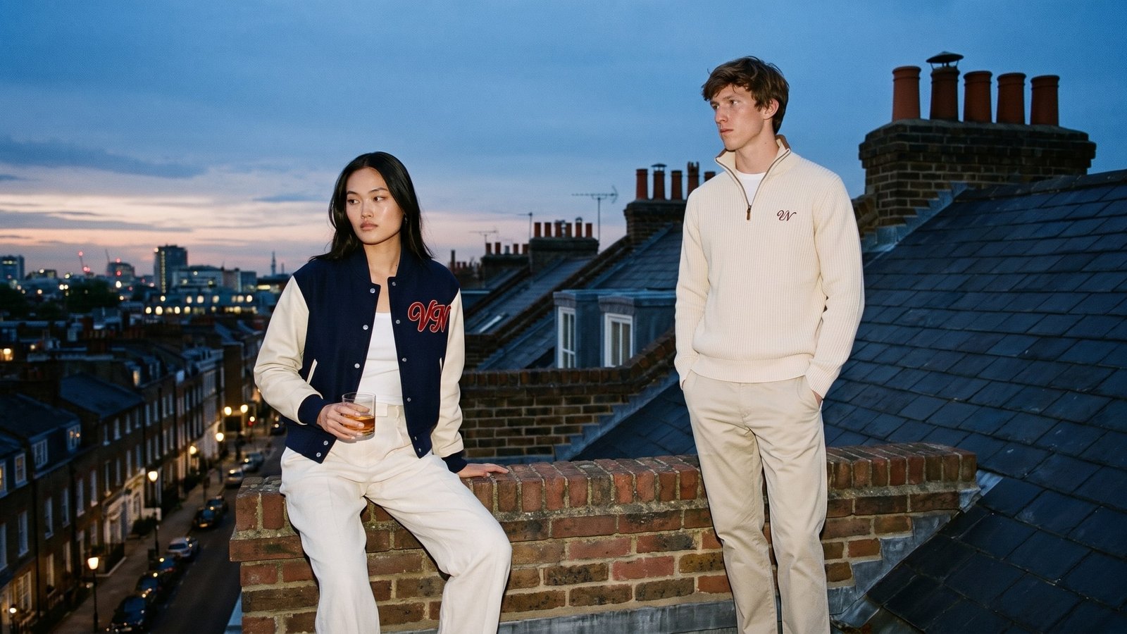 Two friends on a London rooftop at blue hour among the chimney pots