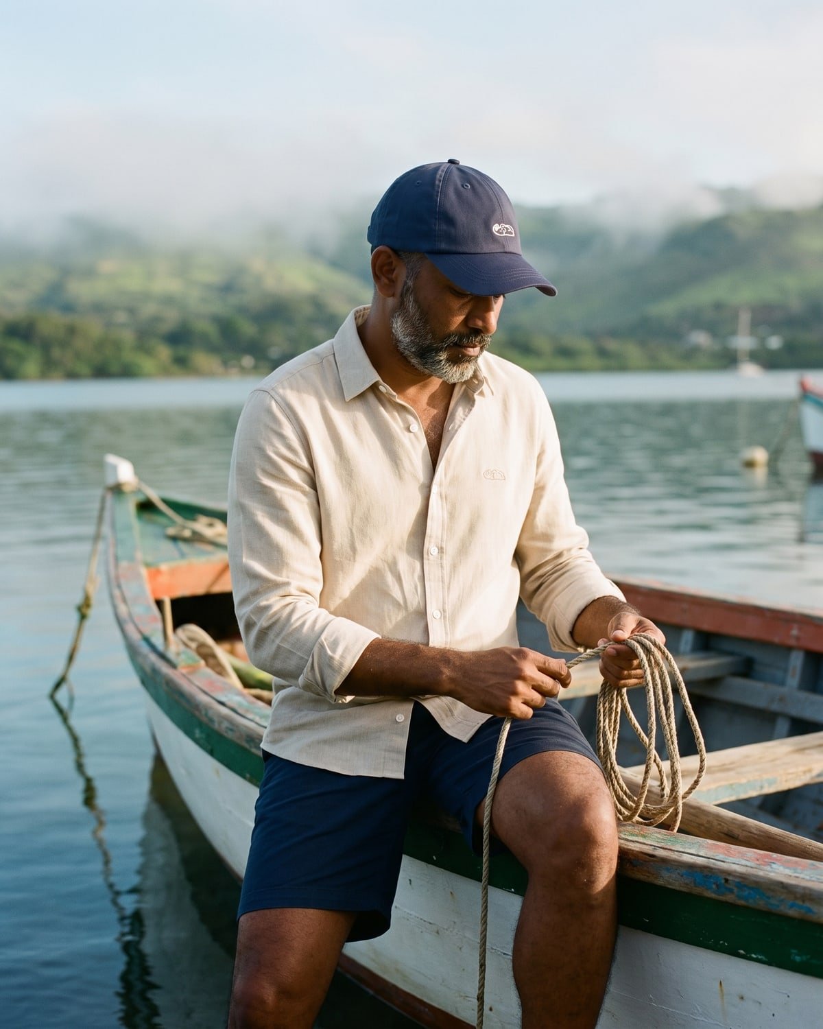 A man coiling a rope on a fishing pirogue in the navy Sett Cap and oat Corniche Linen Shirt